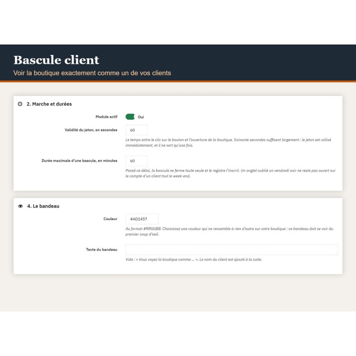 Bascule client — voir la boutique comme votre client, pour PrestaShop