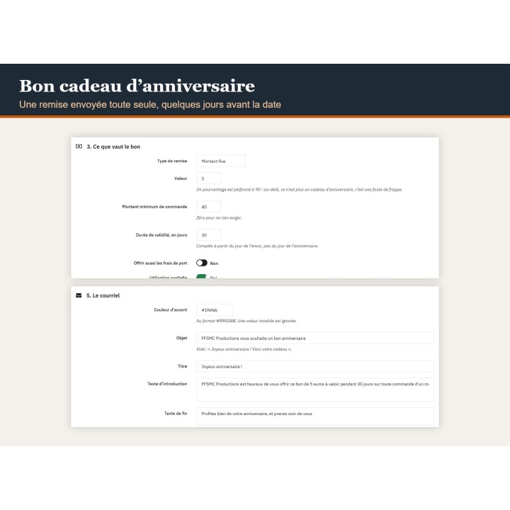 Bon cadeau d'anniversaire — la remise part toute seule, pour PrestaShop