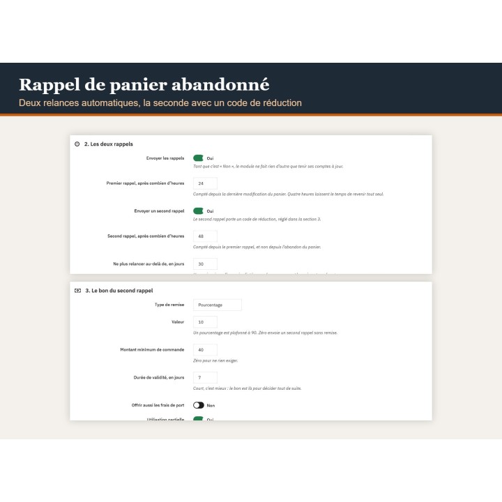 Rappel de panier abandonné — deux relances automatiques, pour PrestaShop