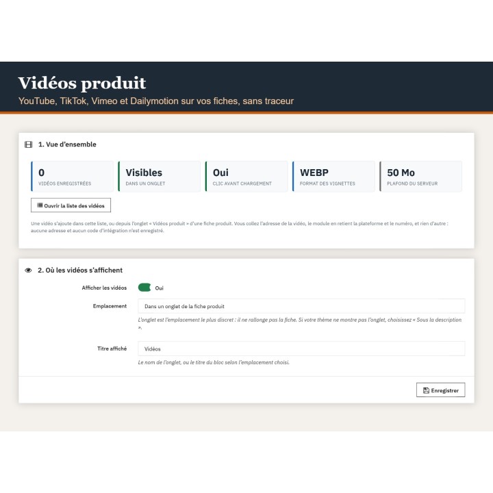 Vidéos produit — YouTube et TikTok sur vos fiches, sans traceur, pour PrestaShop